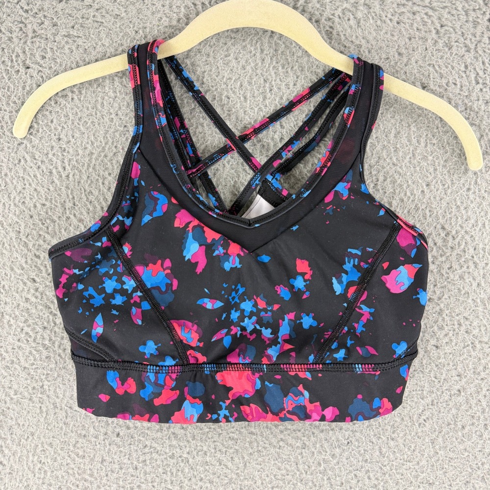 Lululemon Free To Be Wild Sports Bra Womens 6 Black Pink Blue Splatter Strappy